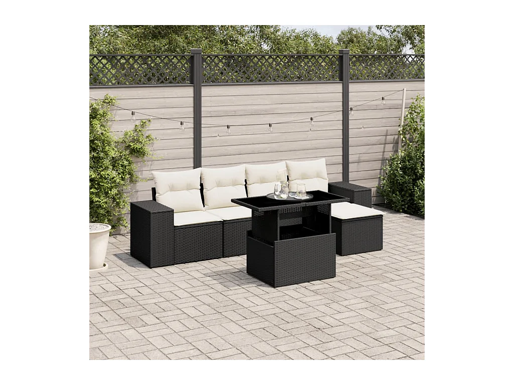 Salon de jardin 6 pcs avec coussins noir résine tressée