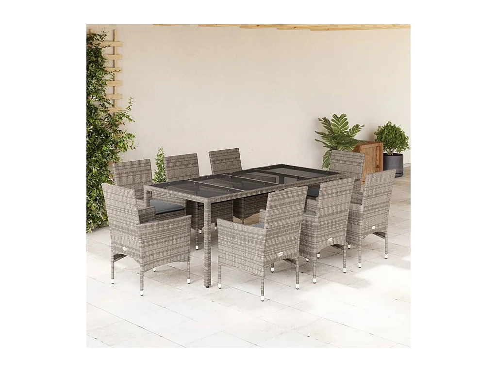 Ensemble à manger de jardin et coussins 9 pcs gris rotin verre