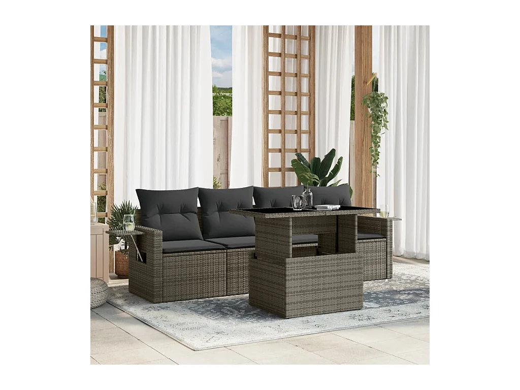 Salon de jardin 5 pcs avec coussins gris résine tressée