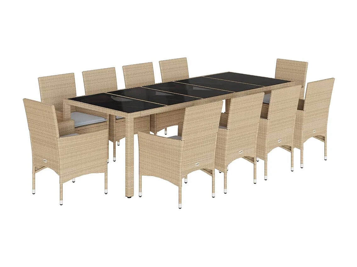 11-delige Tuinset met kussens poly rattan en glas beige