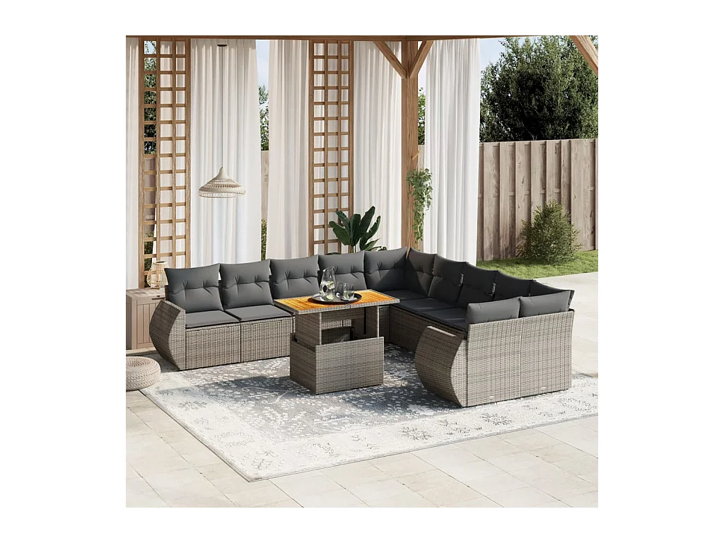 Salon de jardin 11 pcs avec coussins gris résine tressée