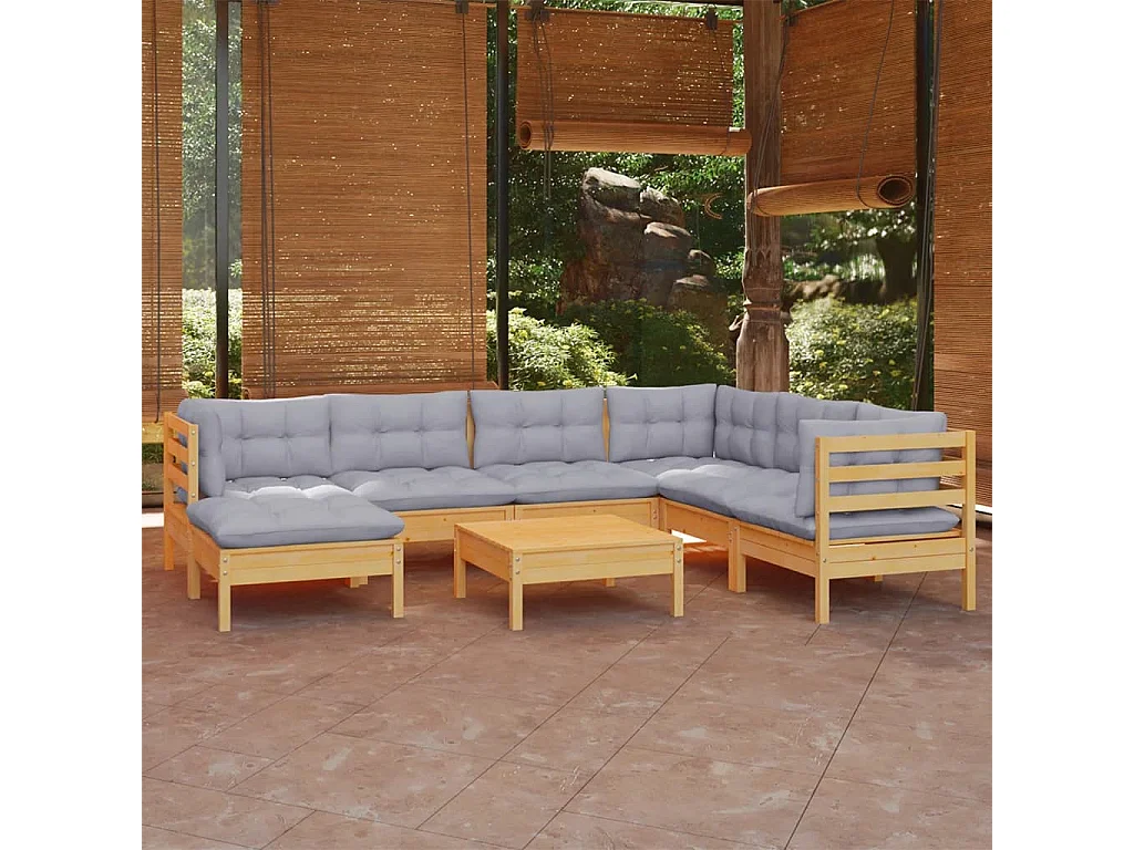 8-tlg. Garten-Lounge-Set mit Grauen Kissen Kiefer Massivholz