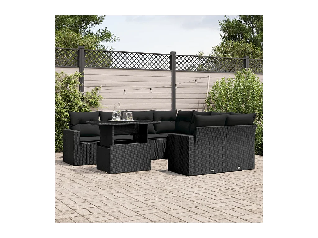 Salon de jardin 9 pcs avec coussins noir résine tressée