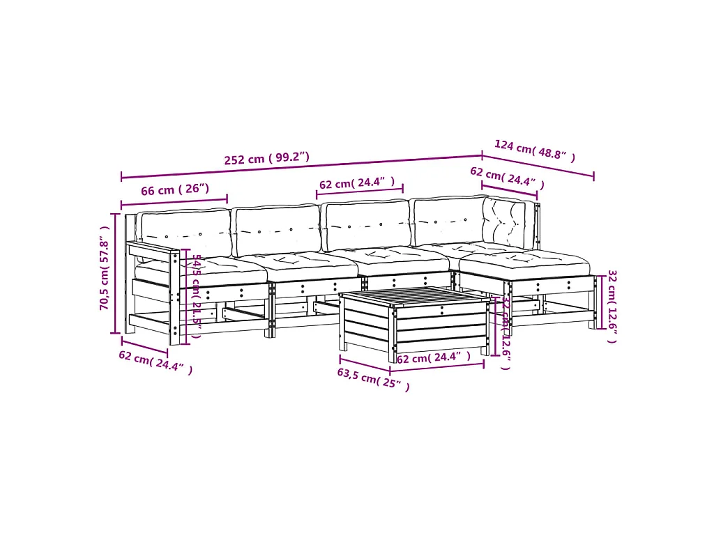 Salon de jardin avec coussins 6 pcs blanc bois de pin massif