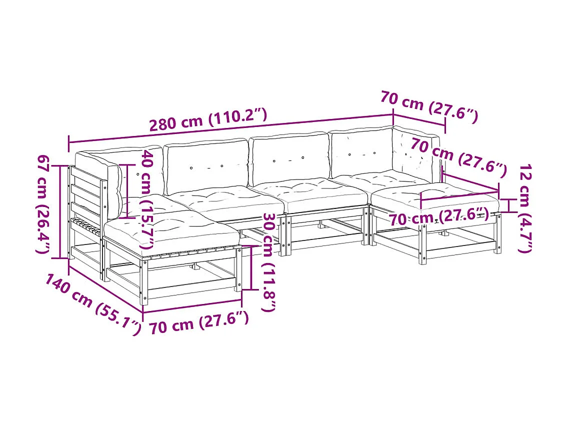 6-delige Loungeset met kussens massief douglas vurenhout