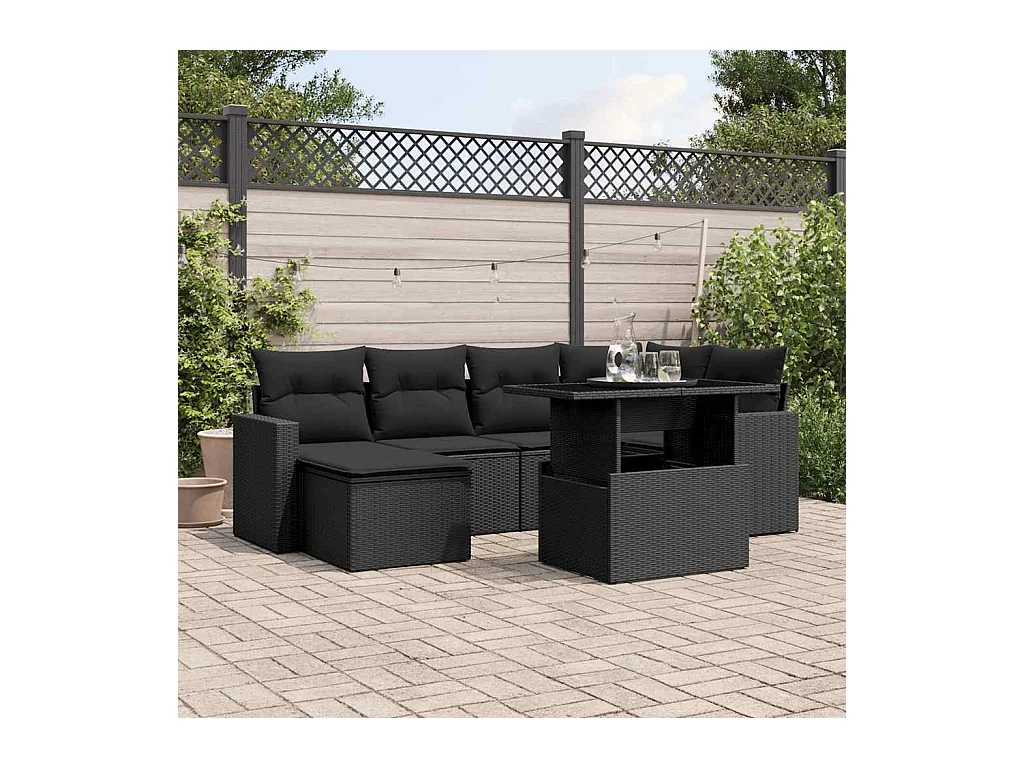Salon de jardin 7 pcs avec coussins noir résine tressée
