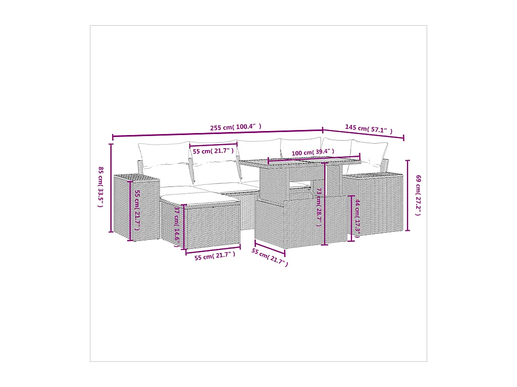 Salon de jardin avec coussins 7 pcs gris résine tressée