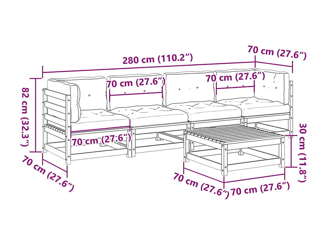 Set de sofás jardín 5 pzas con cojines madera abeto Douglas