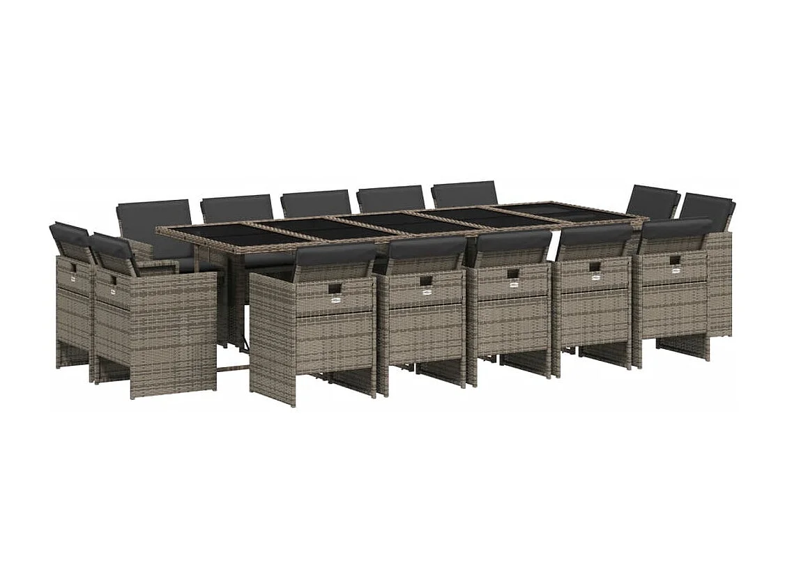 15 pcs conjunto jantar p/ jardim c/ almofadões vime PE cinzento