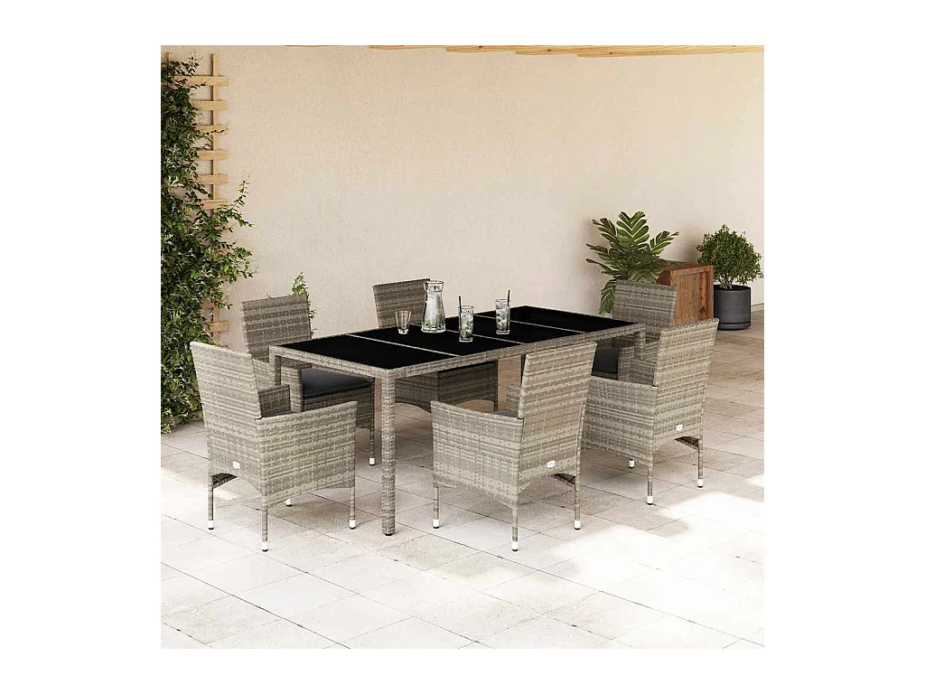 7-tlg. Garten-Essgruppe mit Kissen Hellgrau Poly Rattan & Glas