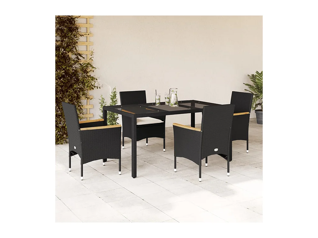 Ensemble à manger de jardin et coussins 5 pcs noir rotin verre