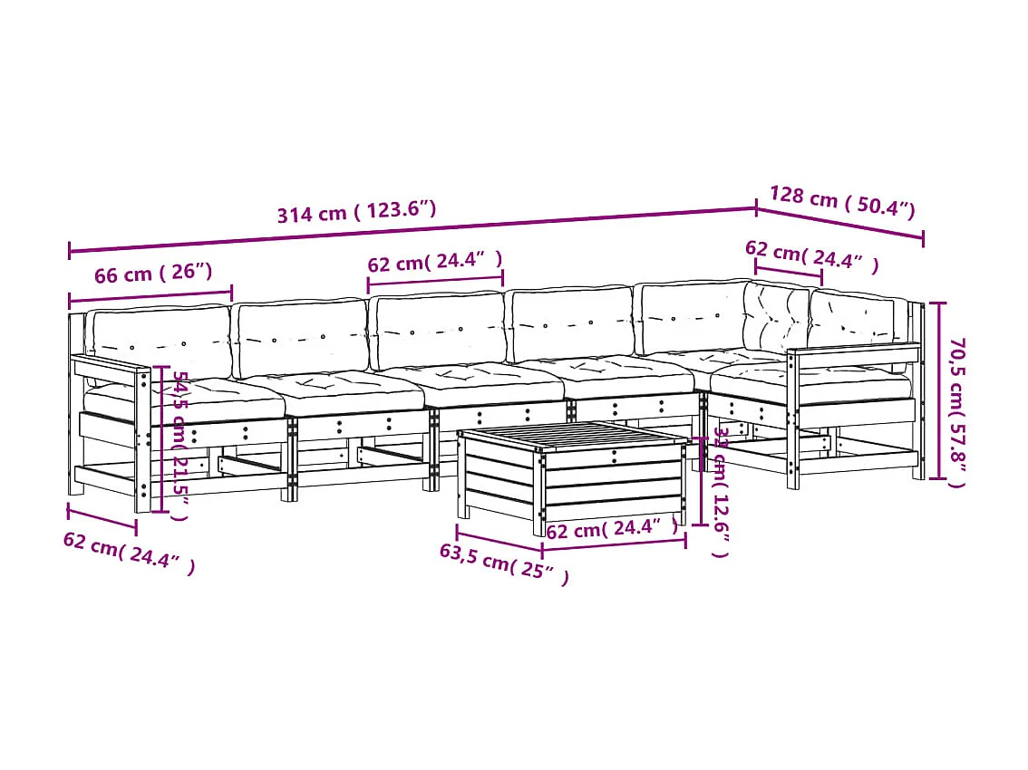 Salon de jardin 7 pcs avec coussins Bois de pin massif