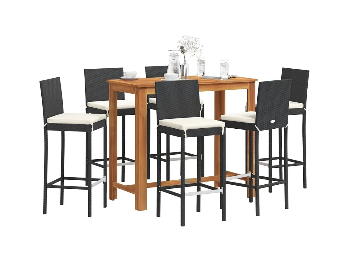 Set Bar da Giardino 7 pz Nero in Legno Acacia e Polyrattan