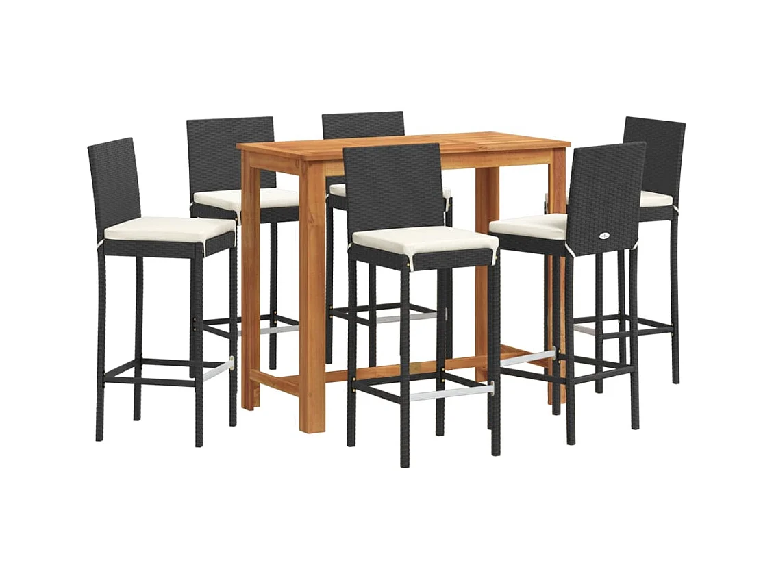 Set Bar da Giardino 7 pz Nero in Legno Acacia e Polyrattan