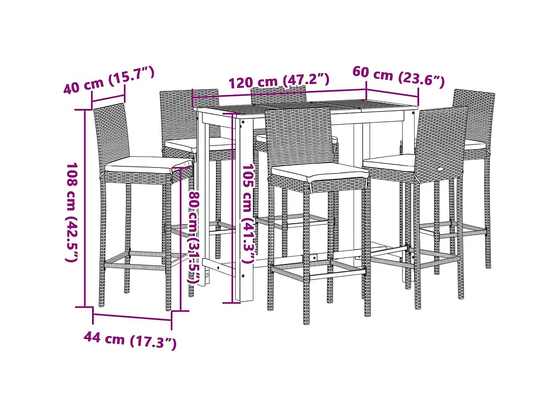 Set Bar da Giardino 7 pz Nero in Legno Acacia e Polyrattan