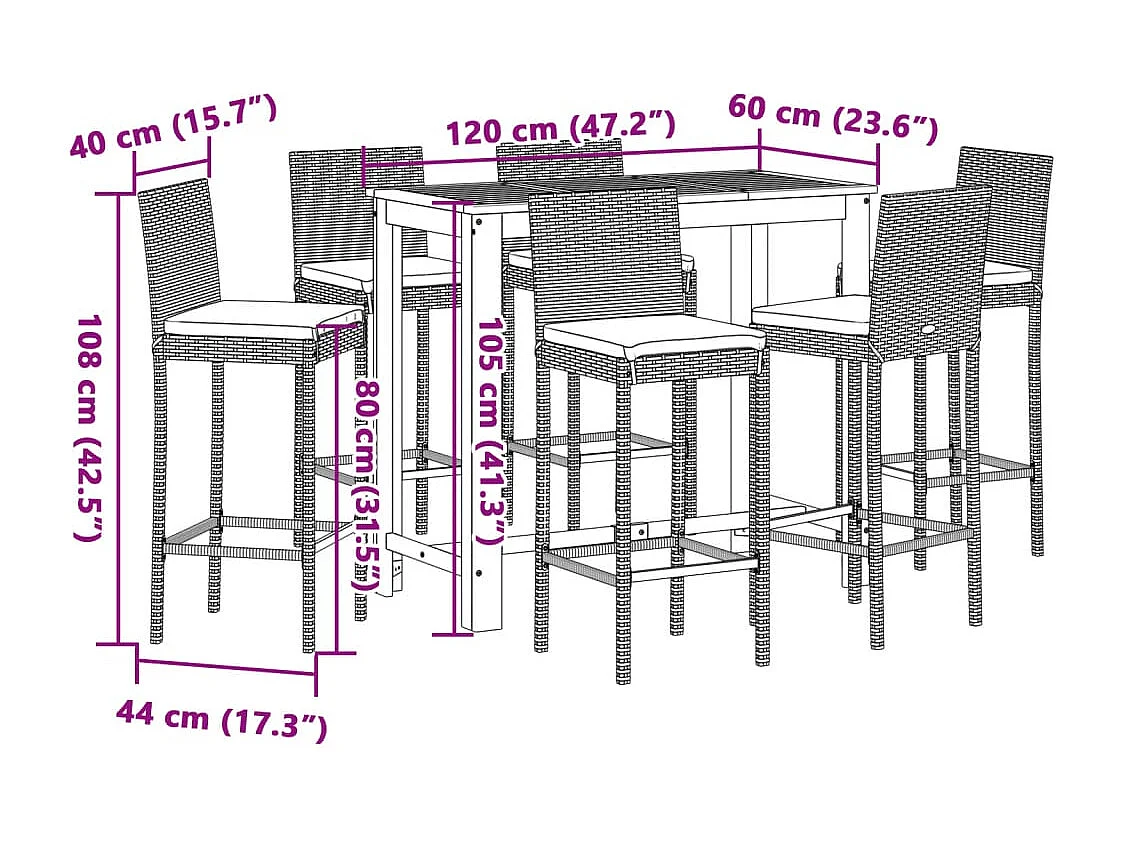 Mesa y taburetes de jardín 7 pzas madera acacia ratán PE negro