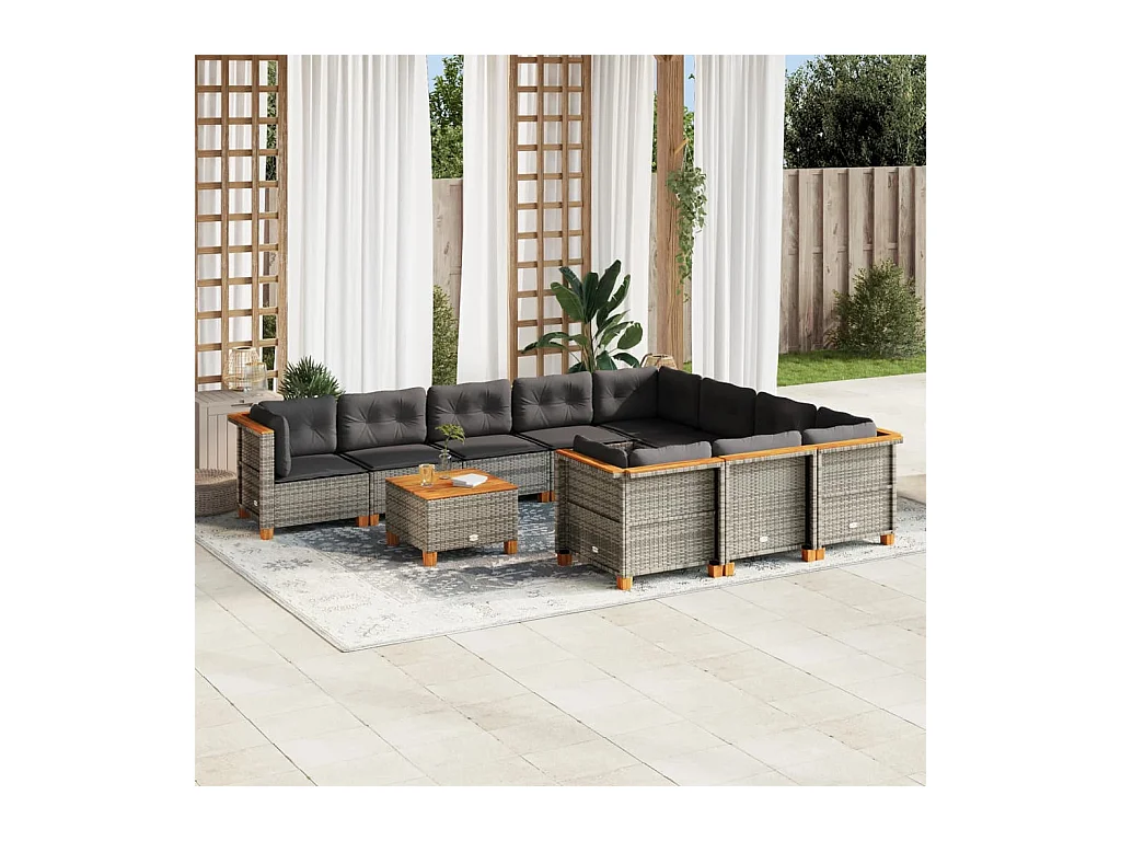 11-tlg. Garten-Sofagarnitur mit Kissen Grau Poly Rattan