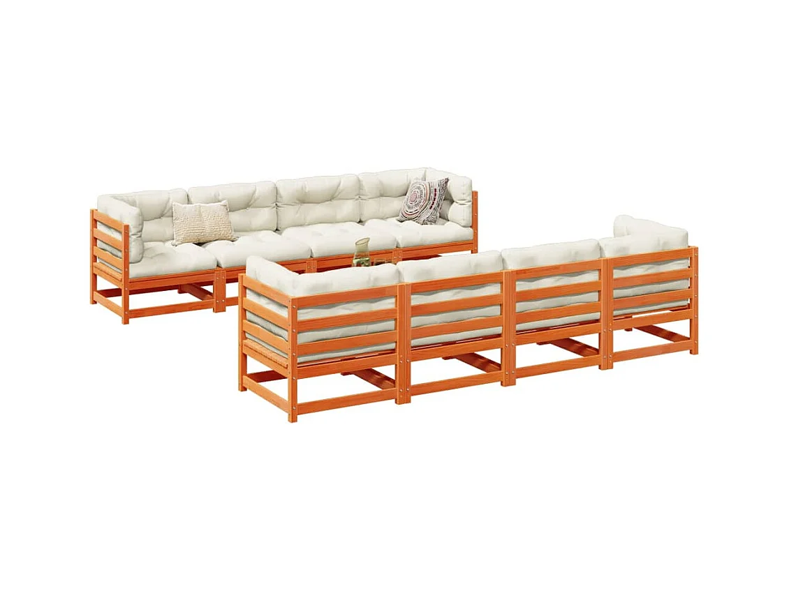 Salon de jardin 9 pcs avec coussins marron cire bois pin massif
