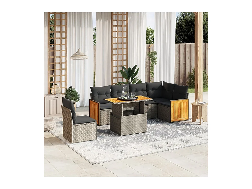 7-delige Loungeset met kussens poly rattan grijs