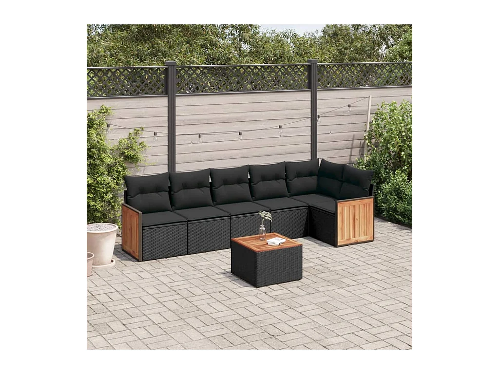 Salon de jardin 7 pcs avec coussins noir résine tressée
