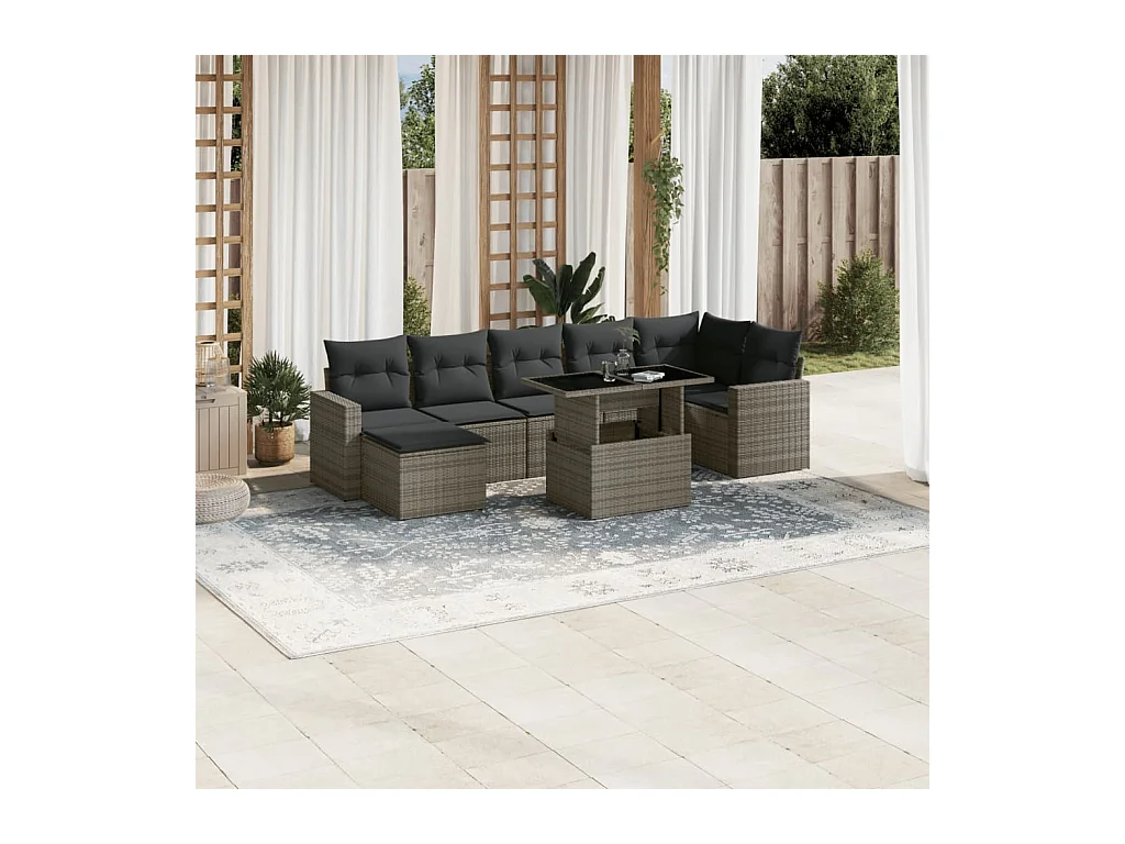 Salon de jardin 8 pcs avec coussins gris résine tressée