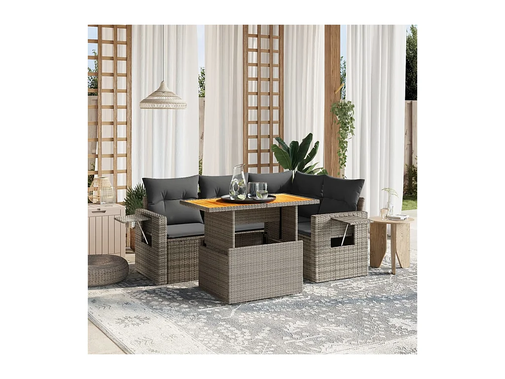 Salon de jardin 5 pcs avec coussins gris résine tressée