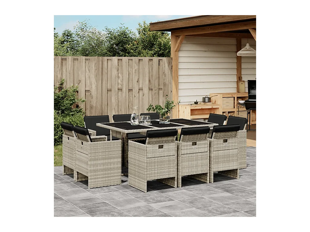 Ensemble à manger de jardin 11pcs avec coussins gris poly rotin