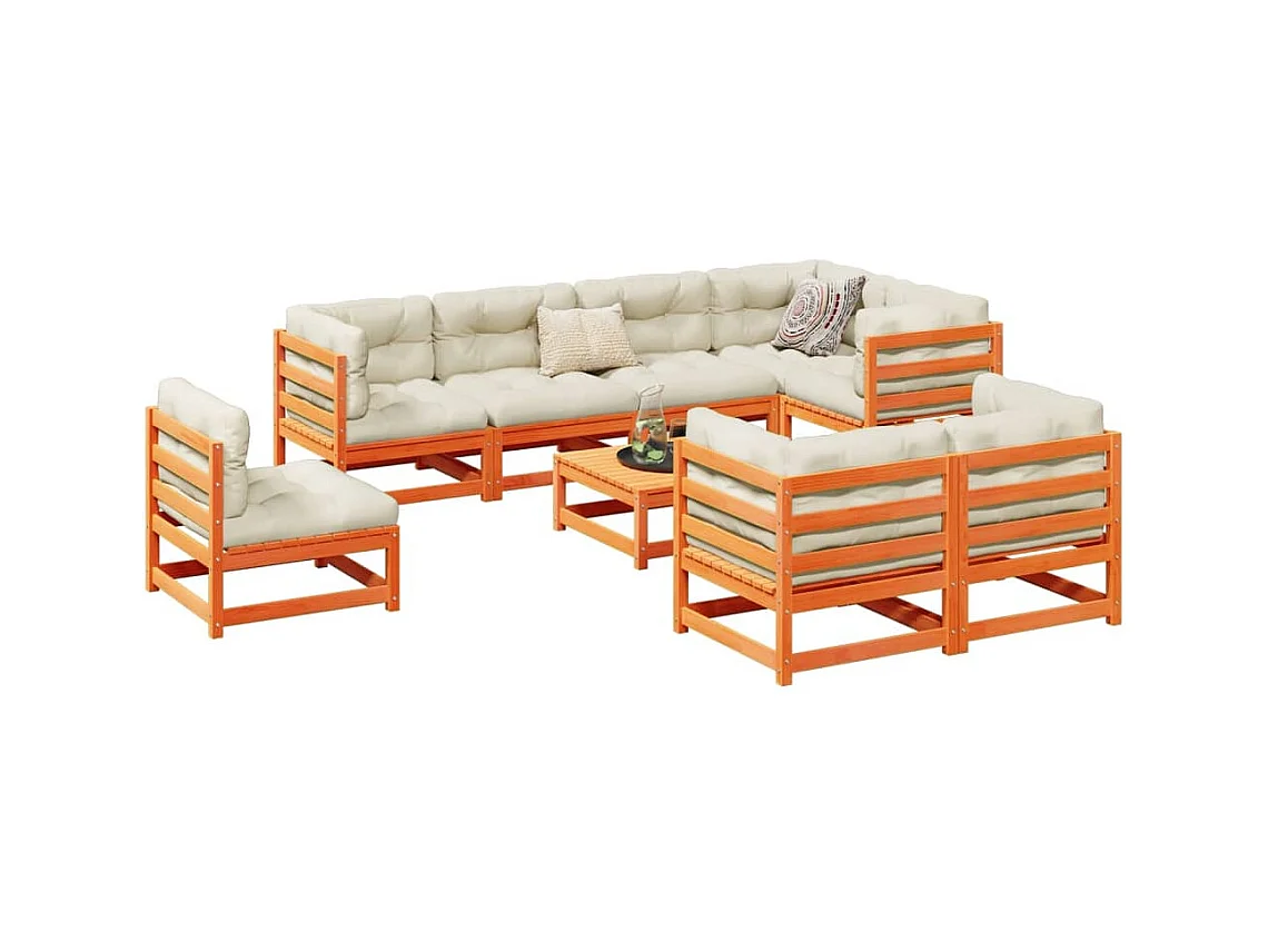 Salon de jardin 9 pcs avec coussins marron cire bois pin massif