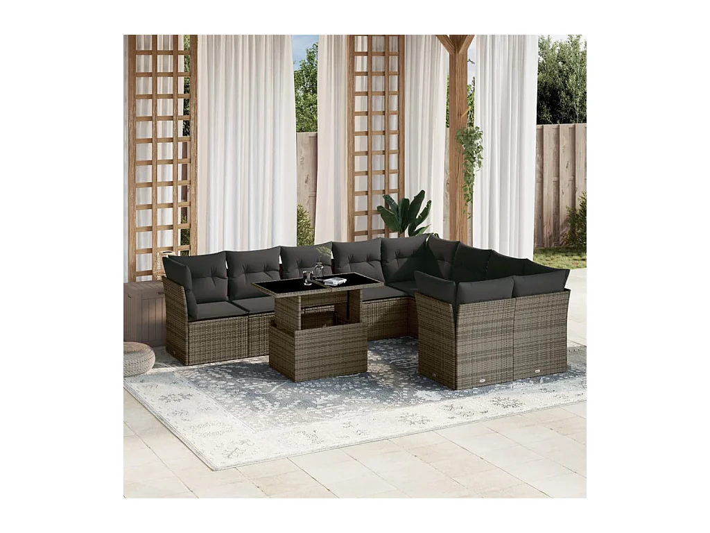 Salon de jardin avec coussins 10 pcs gris résine tressée