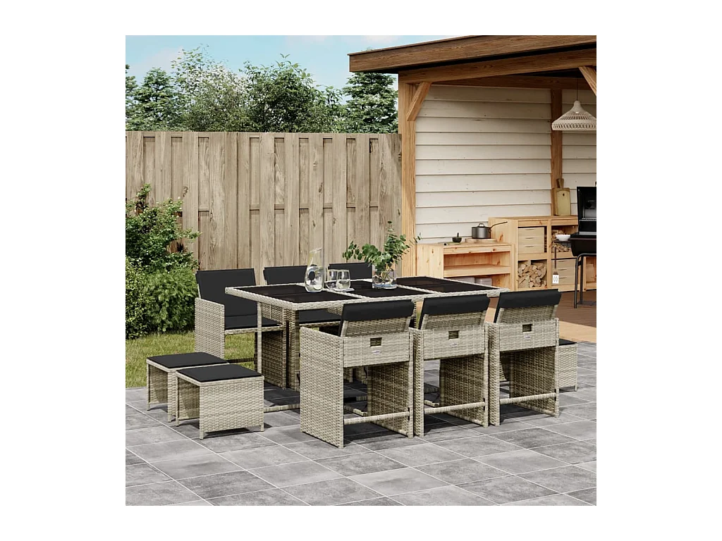 Ensemble à manger de jardin 11pcs avec coussins gris poly rotin