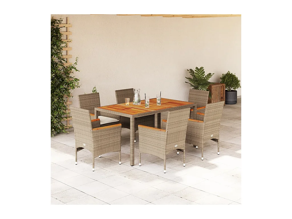 Set Pranzo da Giardino 7pz con Cuscini Beige Polyrattan Acacia