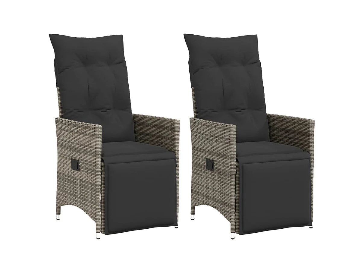 Tuinstoelen 2 st verstelbaar met kussens poly rattan grijs