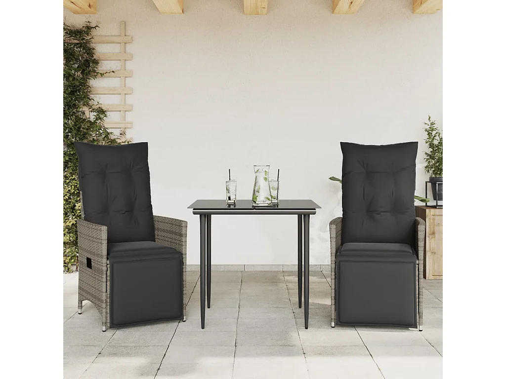 Chaises inclinables de jardin lot de 2 et coussins gris rotin