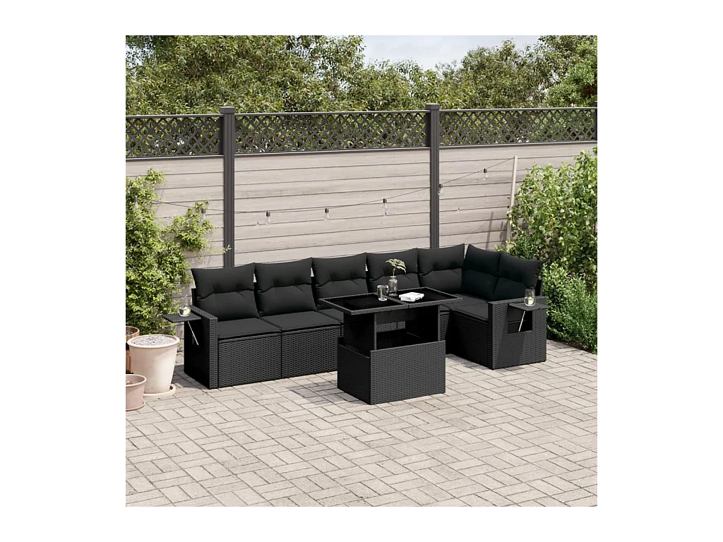 Salon de jardin 7 pcs avec coussins noir résine tressée