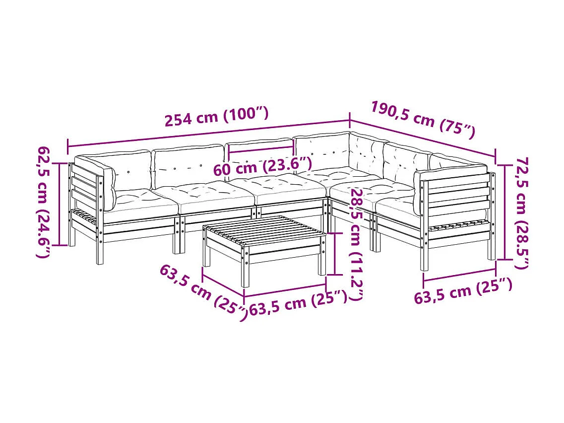 7-tlg. Garten-Sofagarnitur mit Kissen Wachsbraun Kiefernholz