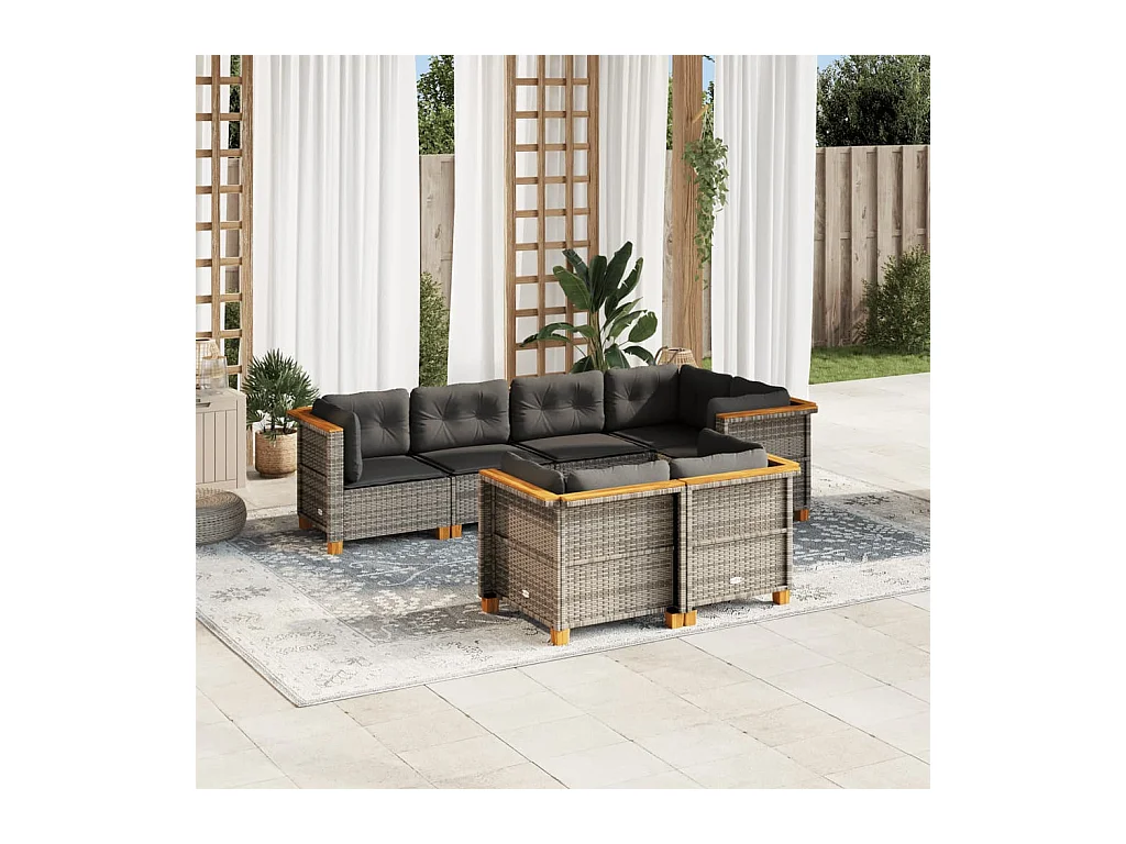 Salon de jardin avec coussins 7 pcs gris résine tressée