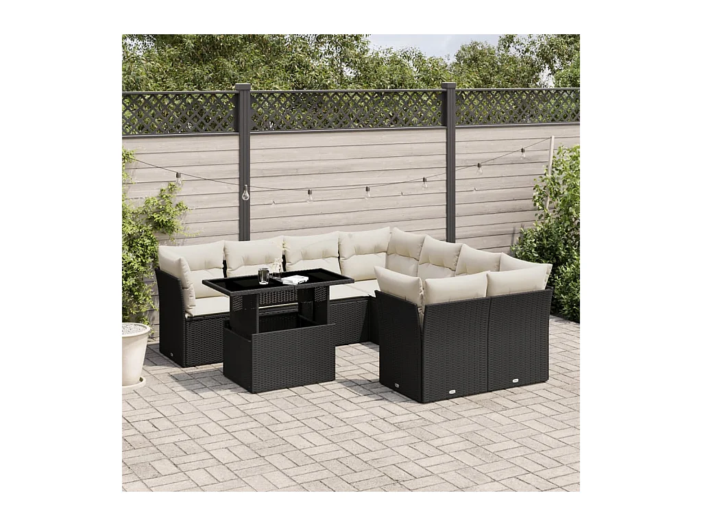 9-delige Loungeset met kussens poly rattan zwart