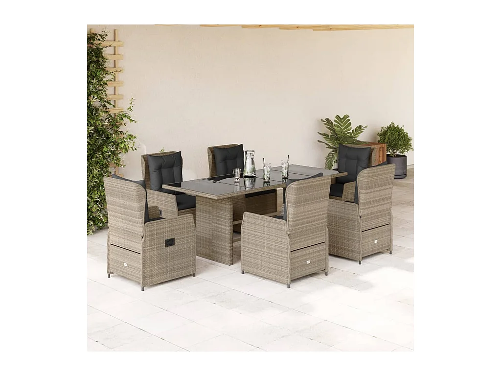Ensemble à manger de jardin et coussins 7 pcs gris clair rotin