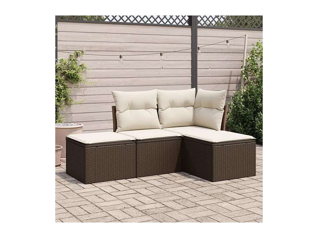 Set Divano da Giardino 4 pz con Cuscini Marrone in Polyrattan