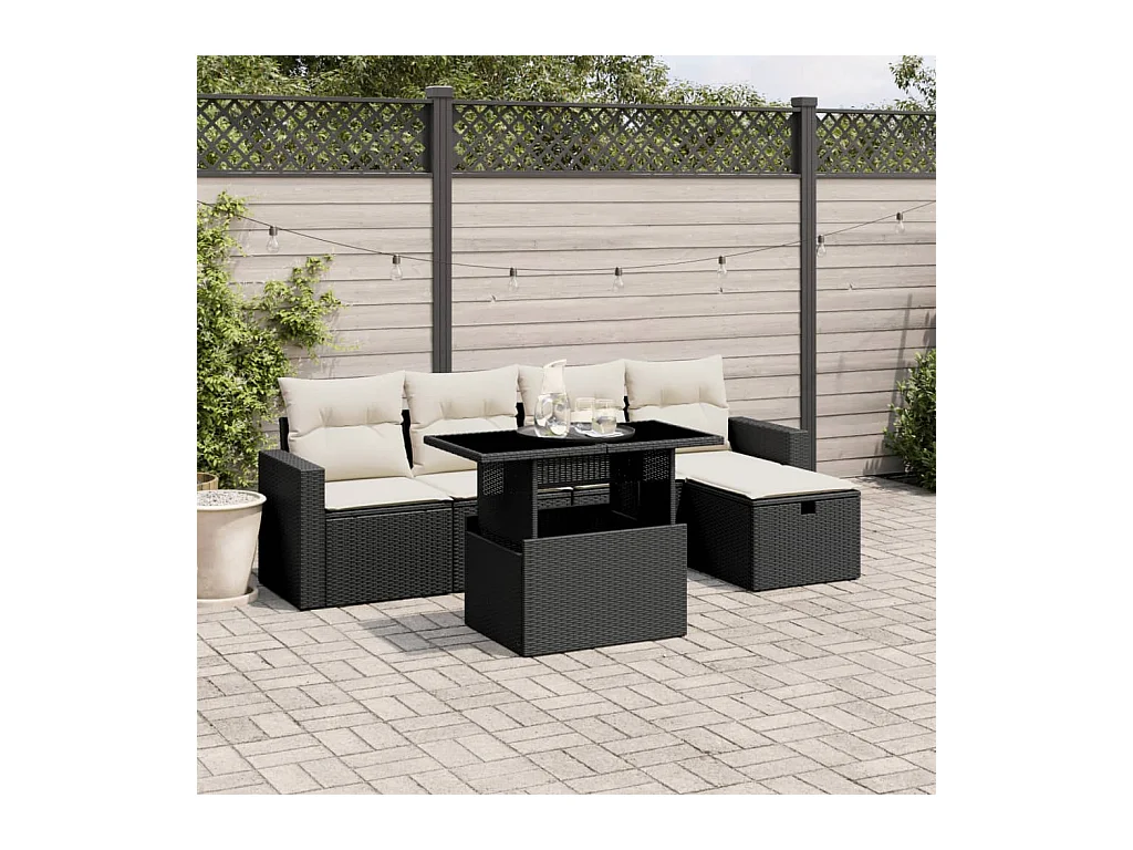 6-tlg. Garten-Sofagarnitur mit Kissen Schwarz Poly Rattan