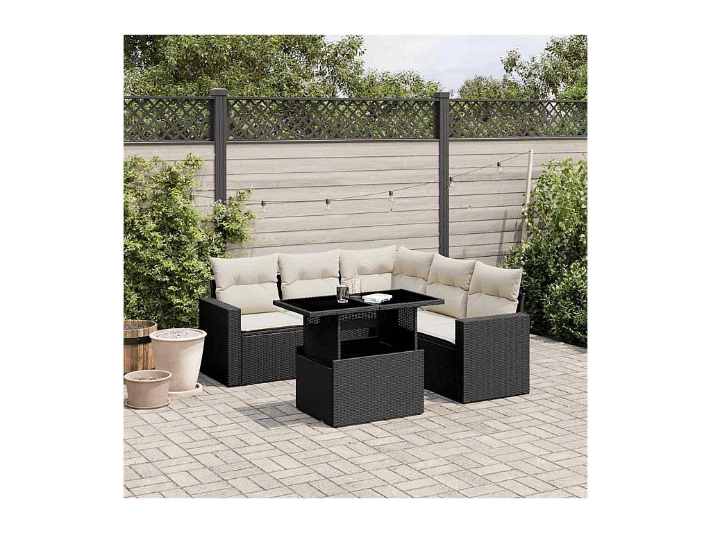 Set Divano da Giardino 6 pz con Cuscini Nero in Polyrattan