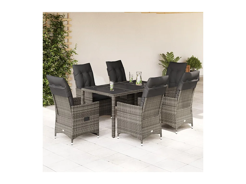 Set da Pranzo da Giardino 7 pz con Cuscini in Polyrattan Grigio