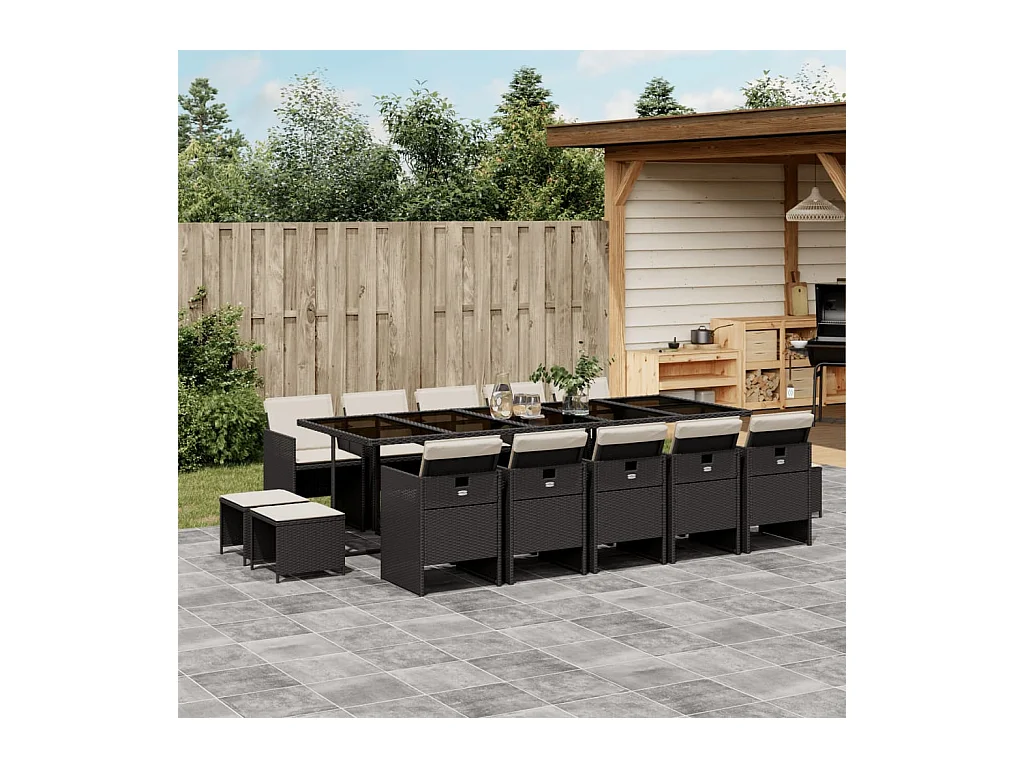 15-tlg. Garten-Essgruppe mit Kissen Schwarz Poly Rattan