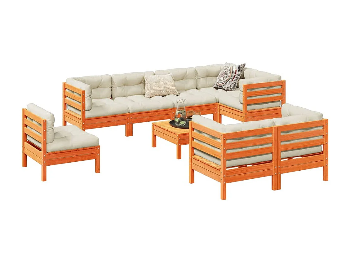 Salon de jardin 9 pcs avec coussins marron cire bois pin massif