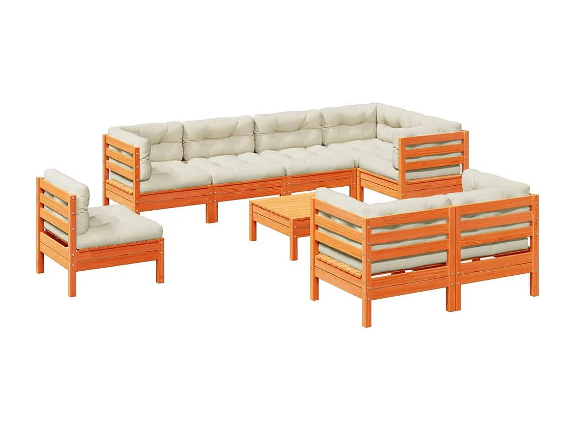 Salon de jardin 9 pcs avec coussins marron cire bois pin massif