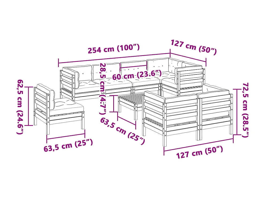 Salon de jardin 9 pcs avec coussins marron cire bois pin massif