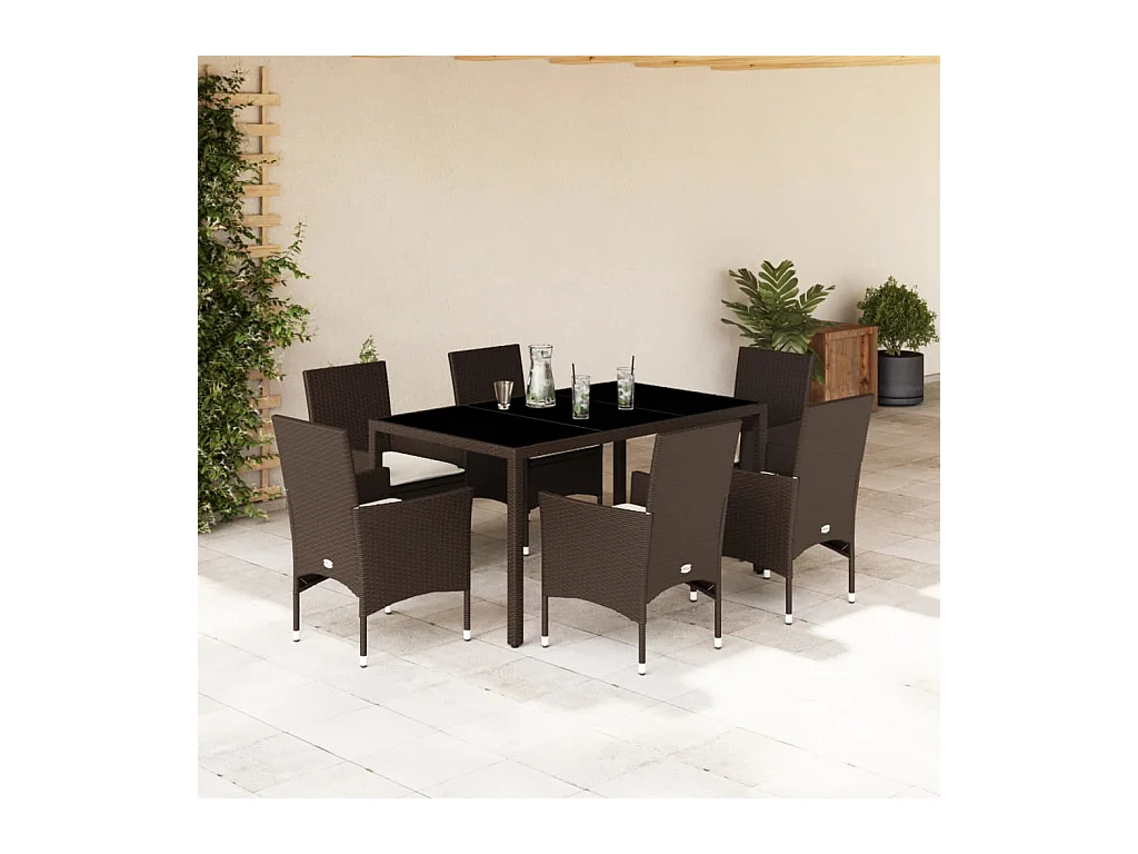 Ensemble à manger de jardin et coussins 7pcs marron rotin verre