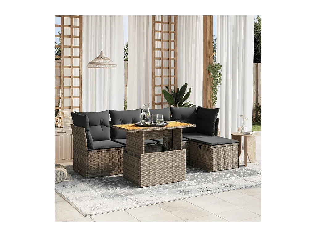 Salon de jardin 6 pcs avec coussins gris résine tressée