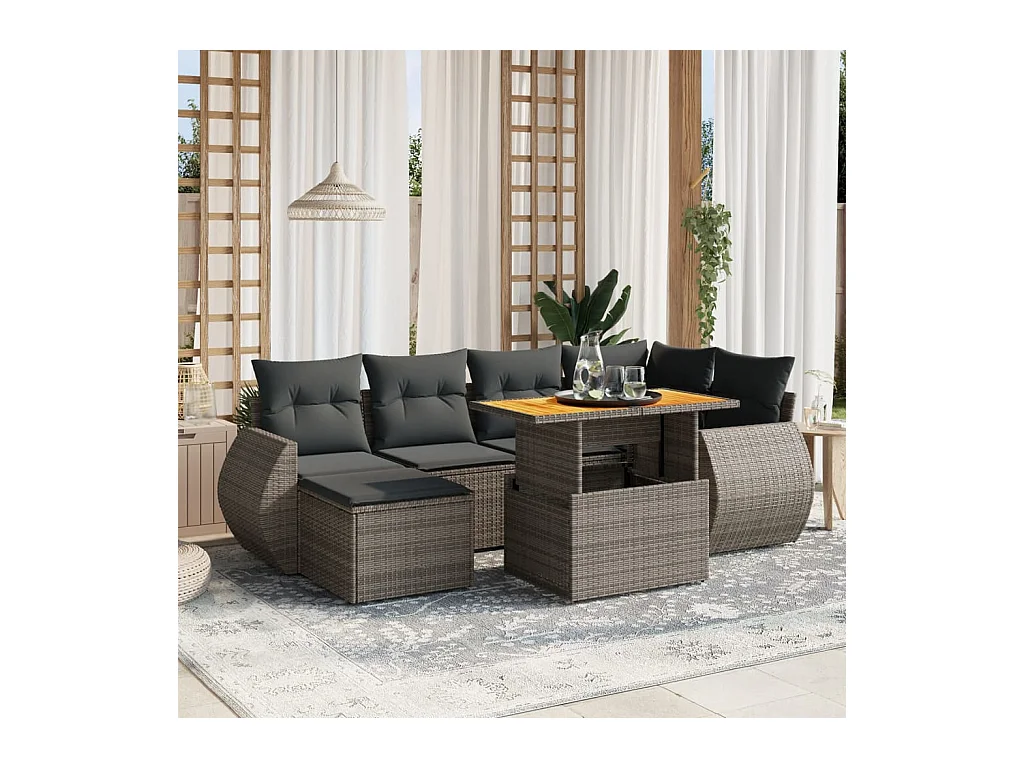 Salon de jardin avec coussins 7 pcs gris résine tressée