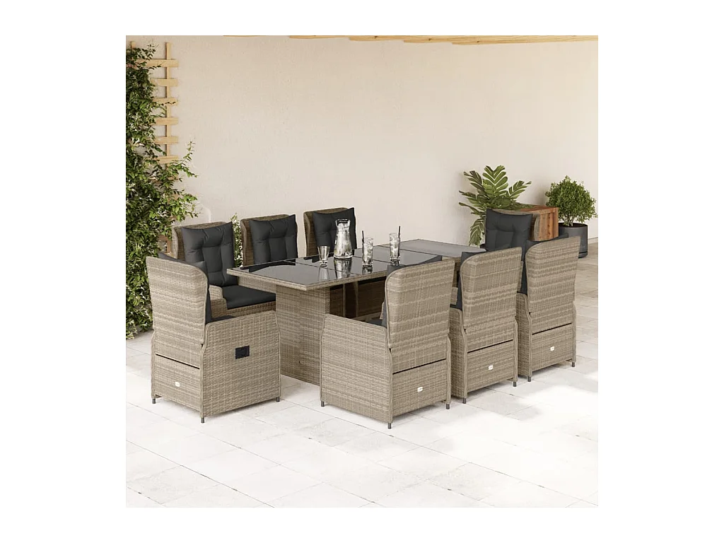 Ensemble à manger de jardin et coussins 9 pcs gris clair rotin